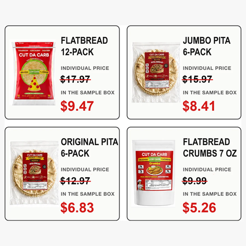 What you get in the Sample Box: flatbread 12-pack, Jumbo pita 6-pack, Original pita 6-pack and 7-ounce Flatbread Crumbs, with individual and in-box prices.