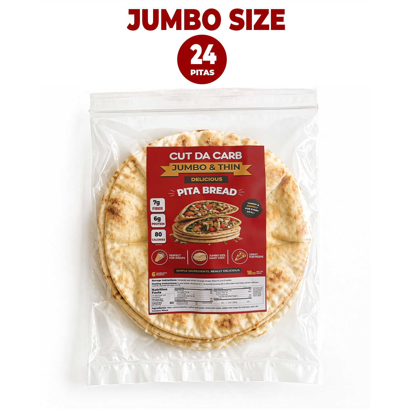 Cut Da Carb Jumbo Thin Pita Bread 24-Pack