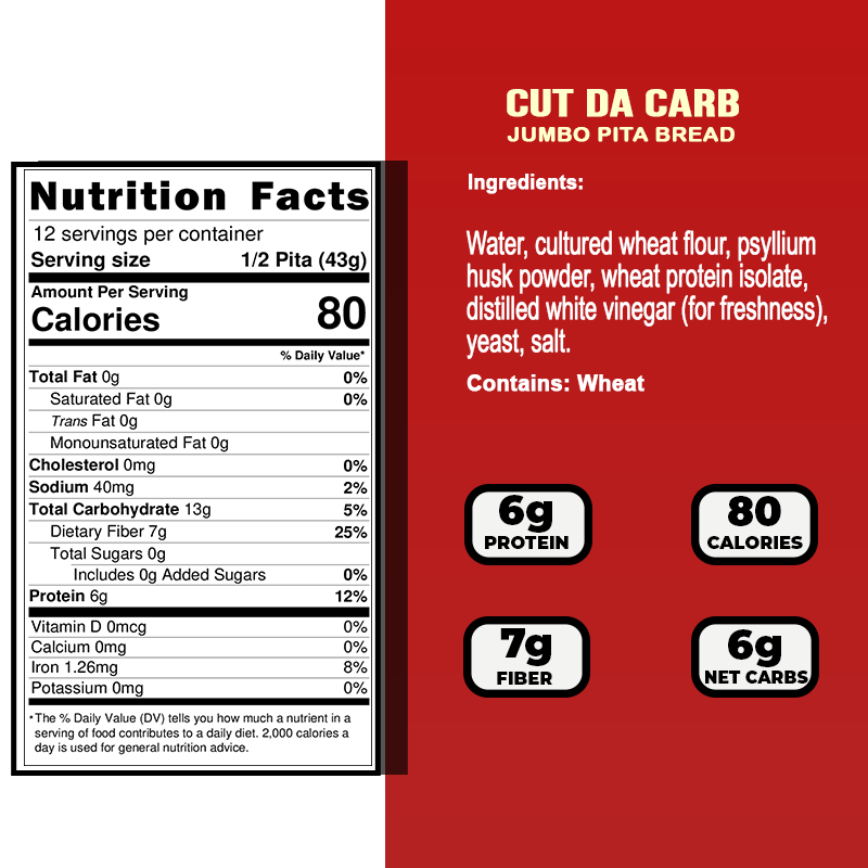 Cut Da Carb Jumbo Thin Pita Bread 12-Pack