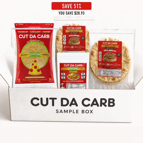 Cut Da Carb Sample Box with four full-size products, 51% savings, and free shipping